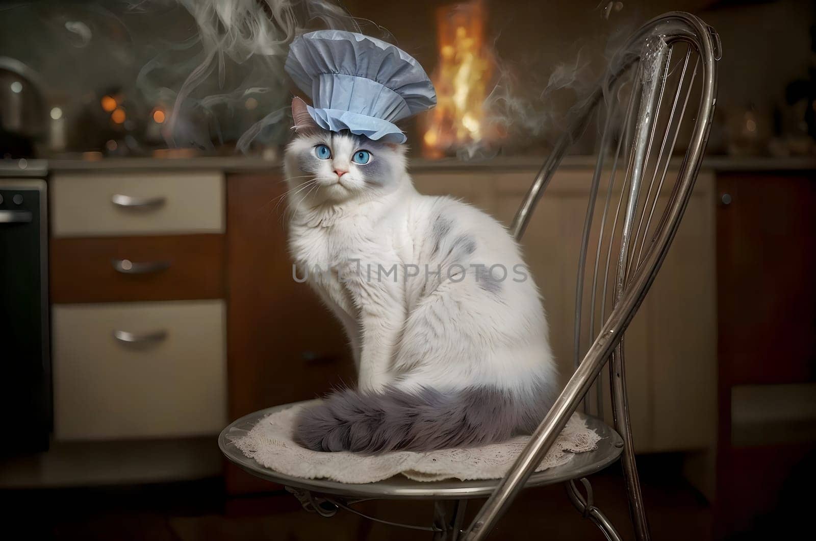 A cat cook sits on a chair in the kitchen during a fire. AI generated image.