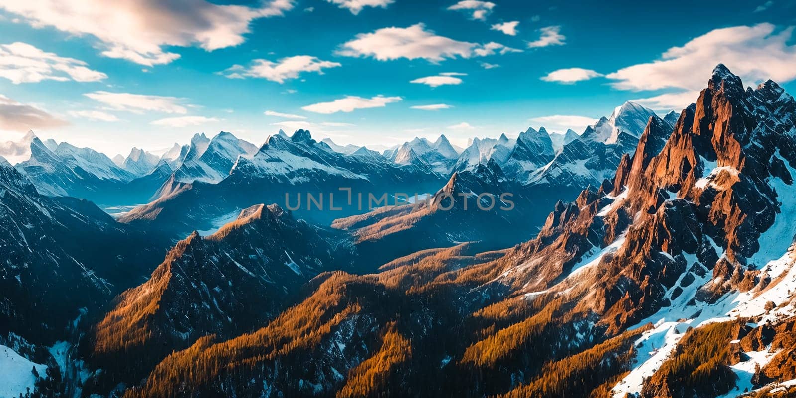 Snowy mountain peaks under a vast sky panorama. Generative AI.