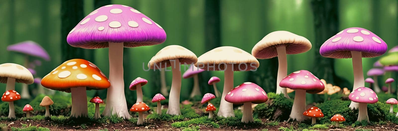 Immerse in a whimsical vibrant mushroom forest Oversized fungi of varied hues paint a surreal, otherworldly scene