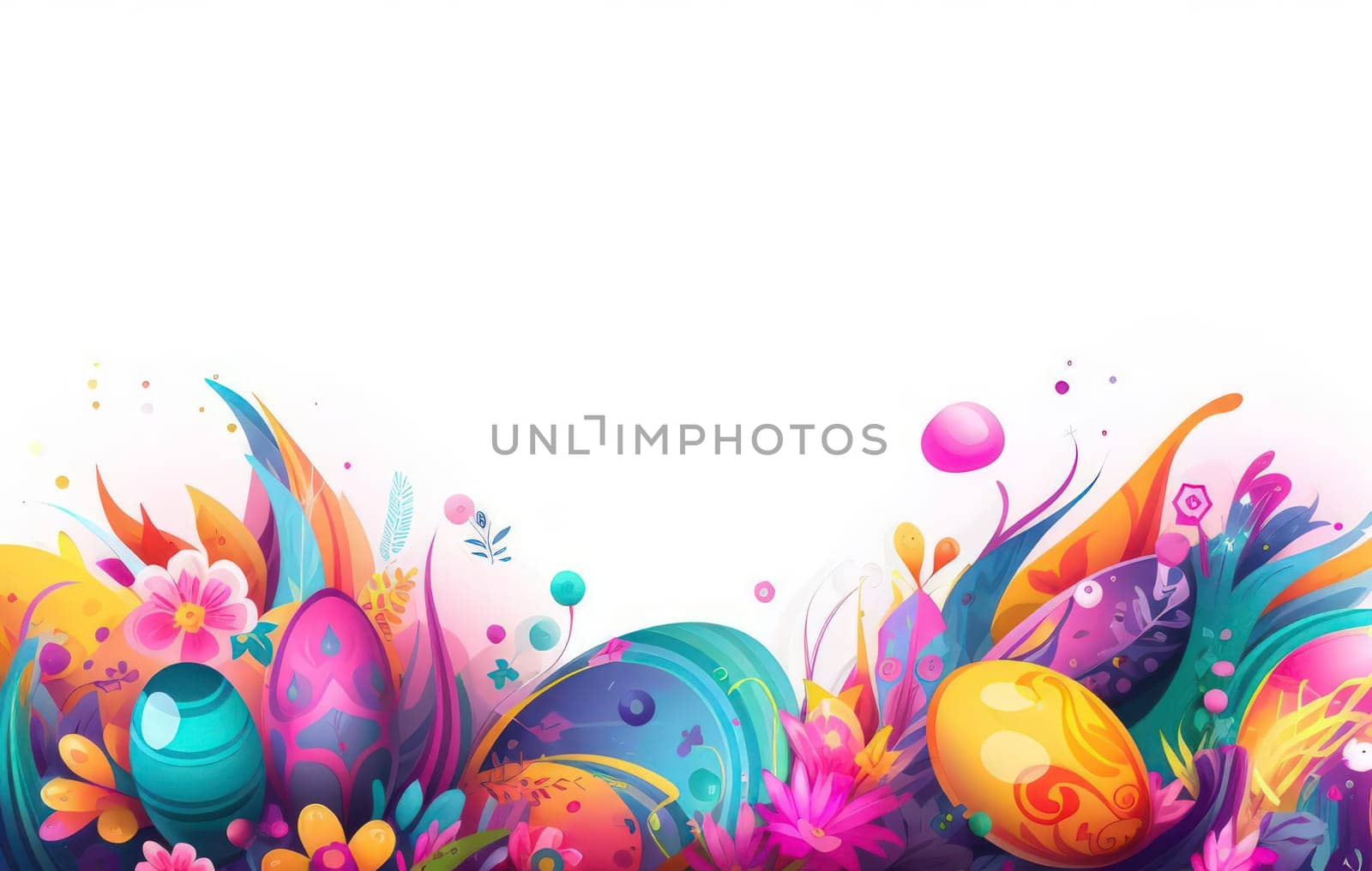 Holiday celebration banner with cute Easter decorated eggs and spring flowers on green spring meadow. Flowers in landscape. Happy Easter greeting card, banner, festive background.Copy space