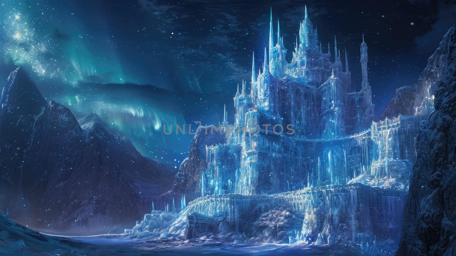 A magical winter wonderland at night, with ice castles, aurora borealis in the sky, and mystical creatures wandering in the snow-covered landscape. C. Resplendent.