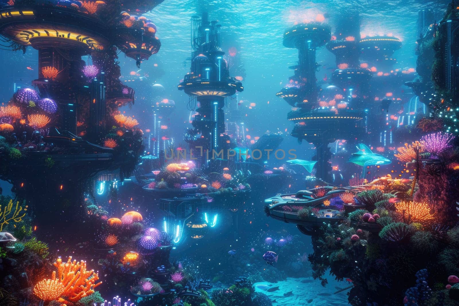 An underwater city with bioluminescent coral. Resplendent. by biancoblue