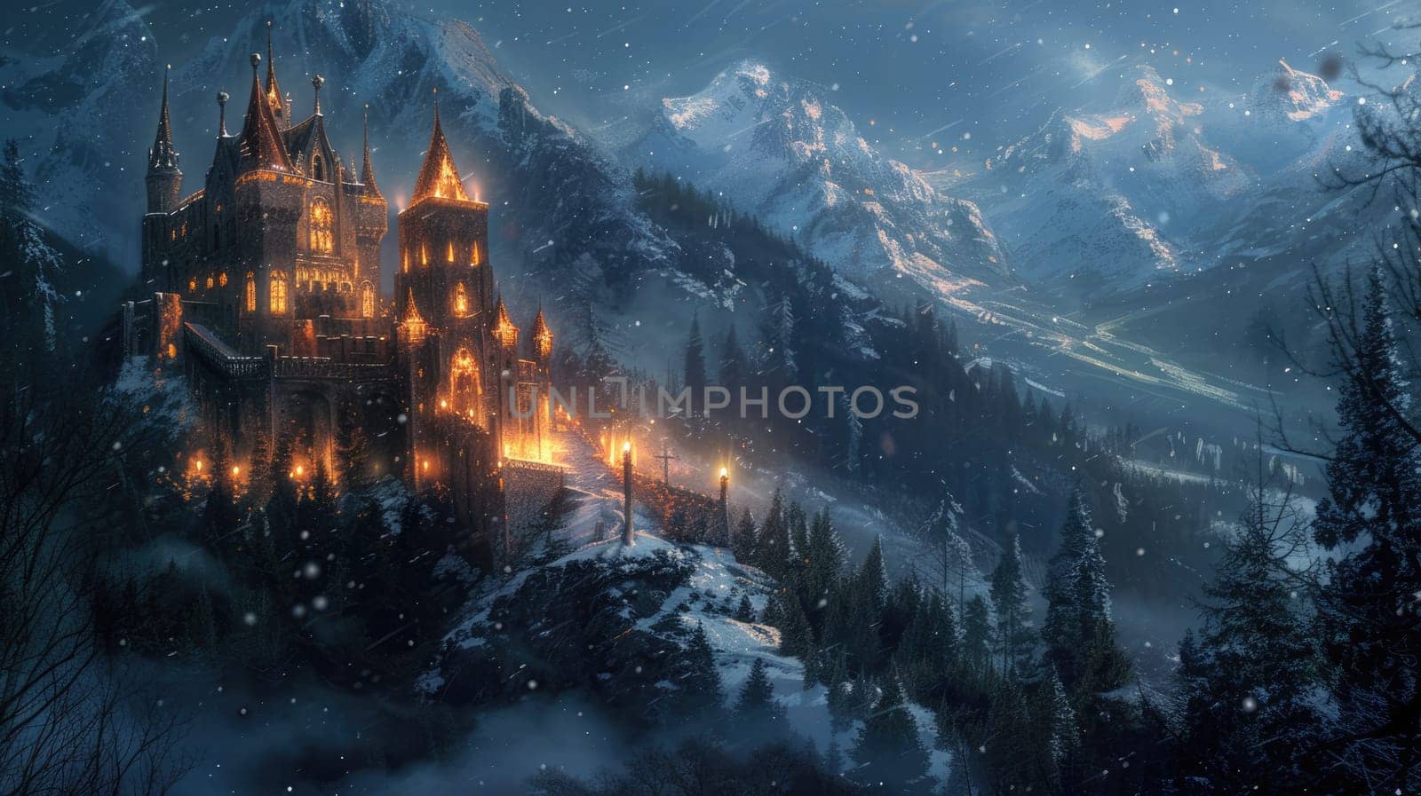 castle in mountain snow landscape in cold winter. Resplendent.