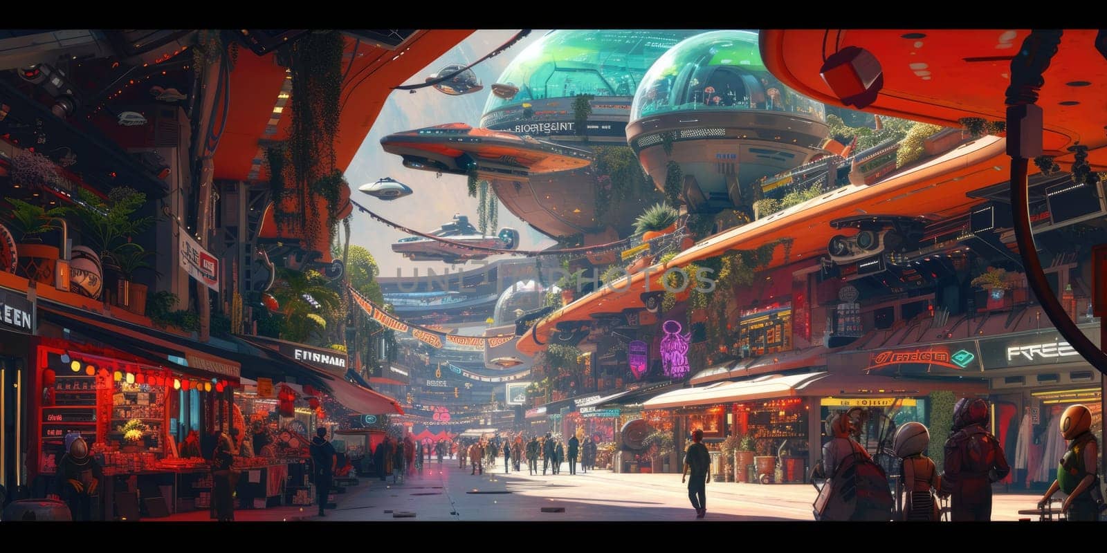 Futuristic Cityscape with Flying Vehicles and Crowds. Resplendent. by biancoblue