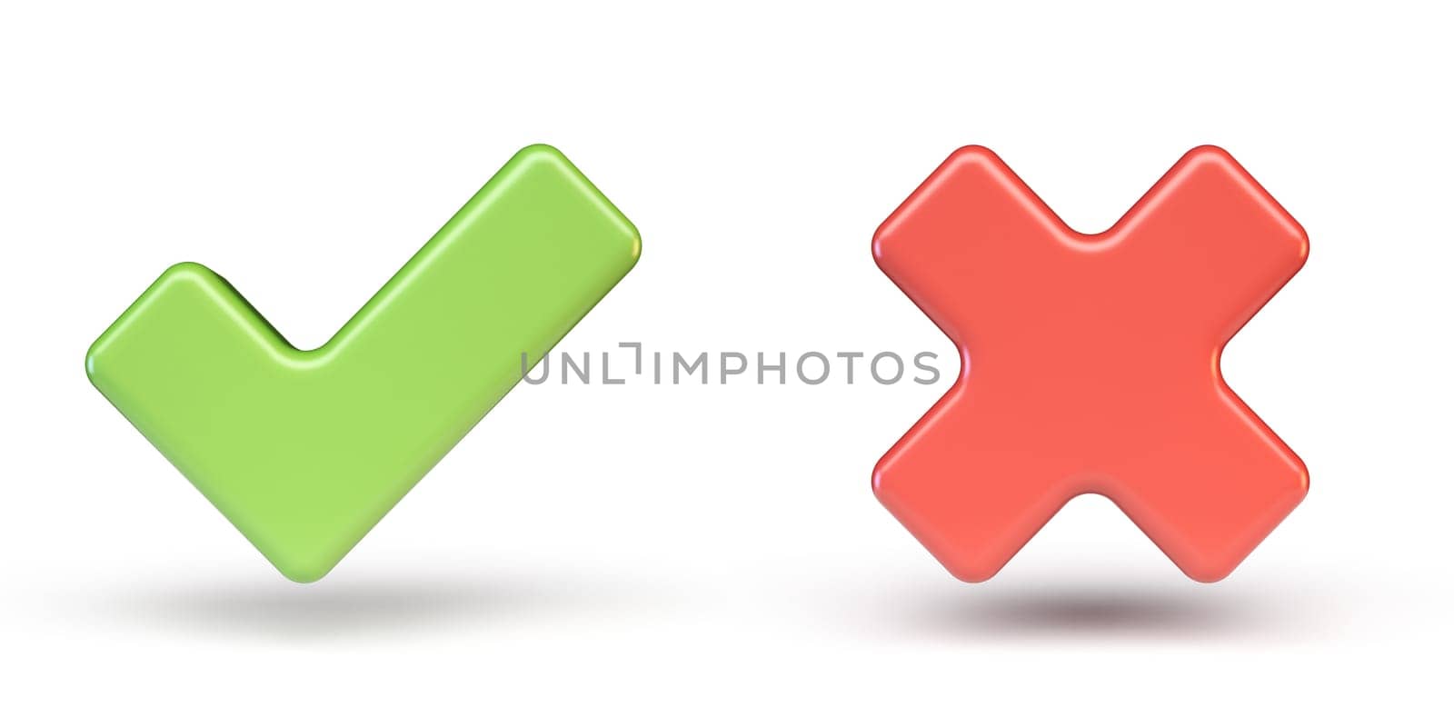 Green correct and red incorrect sign 3D rendering illustration isolated on white background