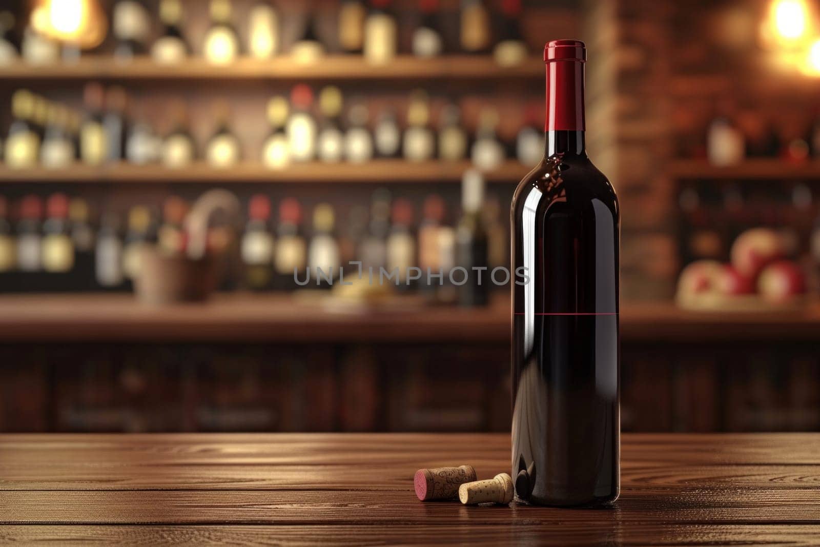 Red wine bottle sits on a wooden counter in a bar or pub.