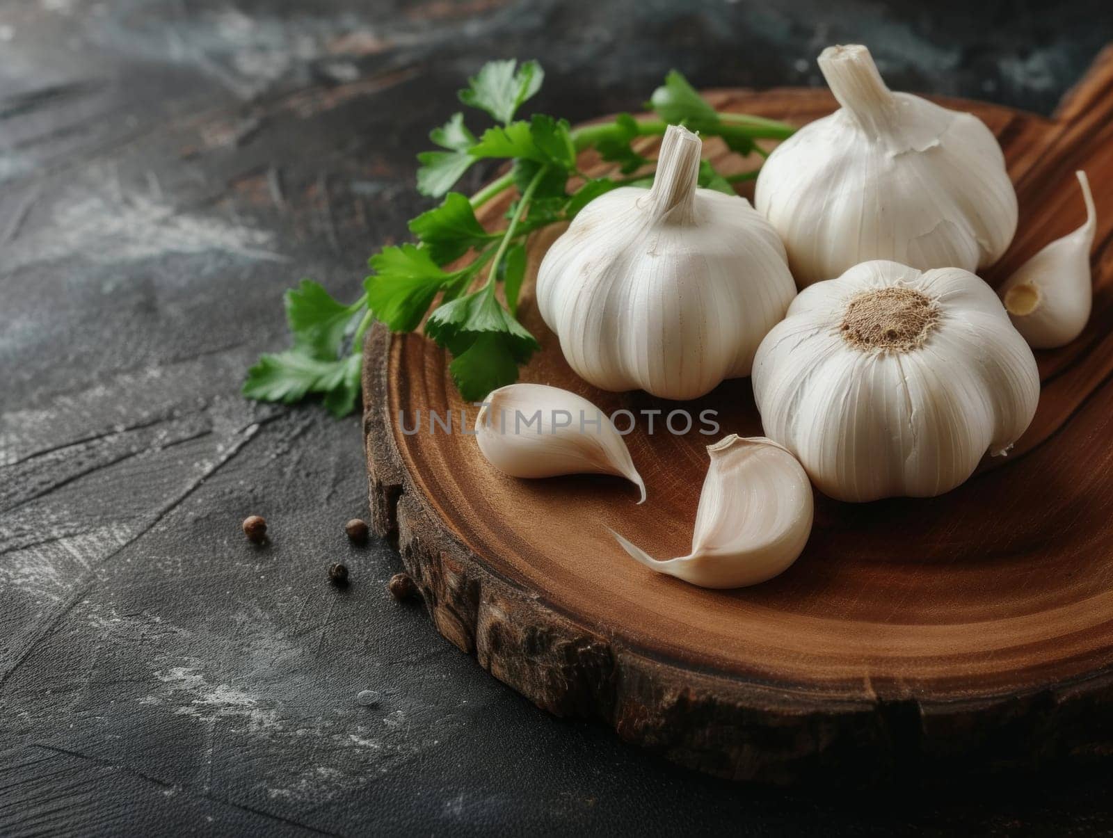 garlic on a wooden board with copy space.