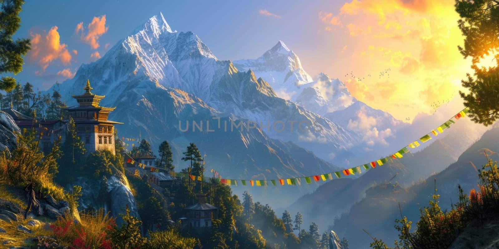 Mountain Temple with Prayer Flags at Sunrise. Resplendent. by biancoblue