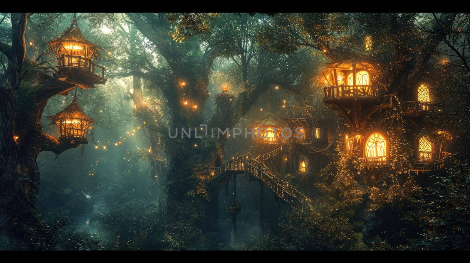 A fantasy scene of a hidden elven city in an ancient forest, with magical treehouses and glowing lights. Resplendent.