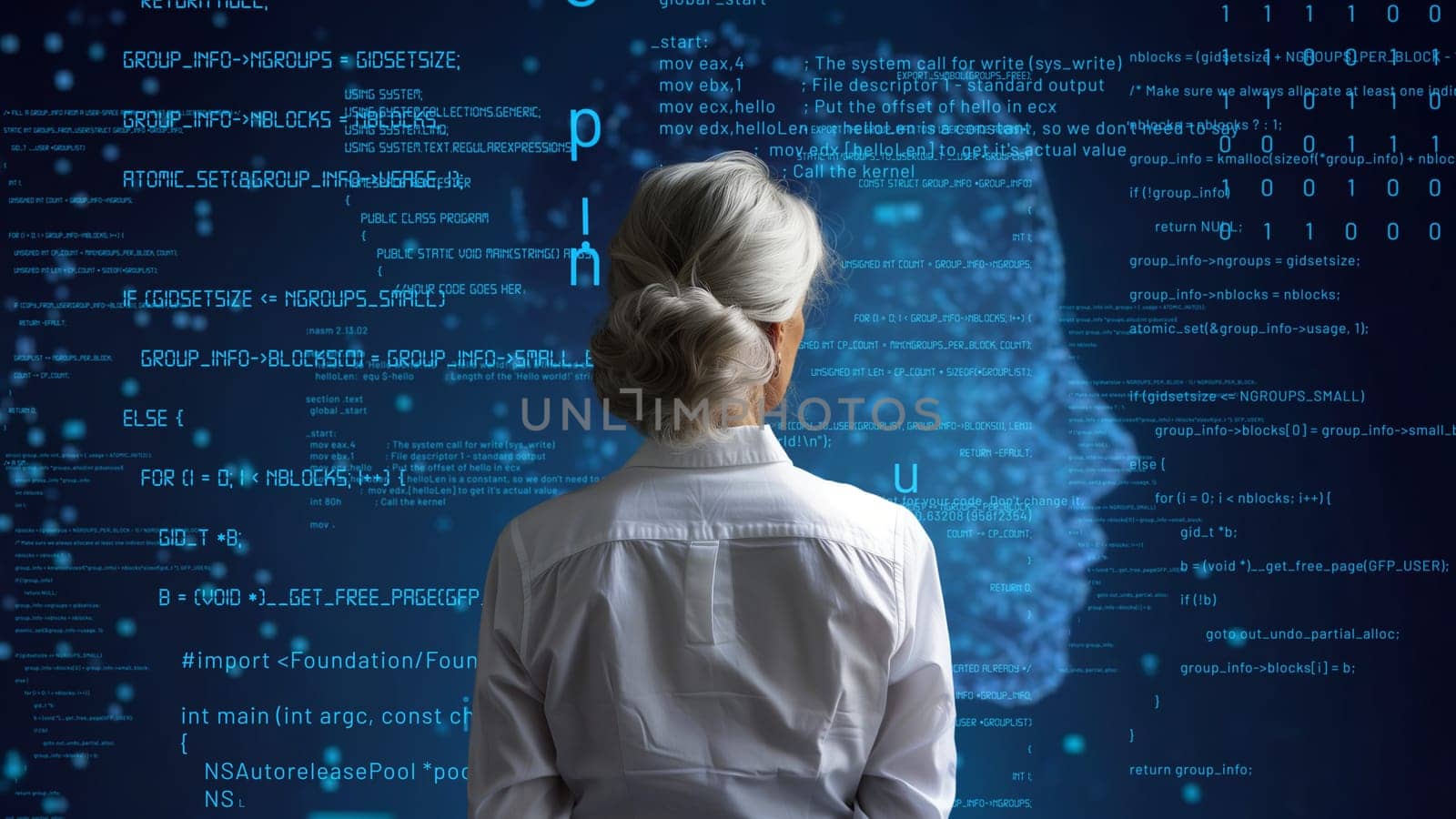 Senior Woman Programmer Engaged in AI Engineering: Analyzing Software Through LISP Open Bot Hologram for Artificial Intelligence-Driven Marketing Solutions.