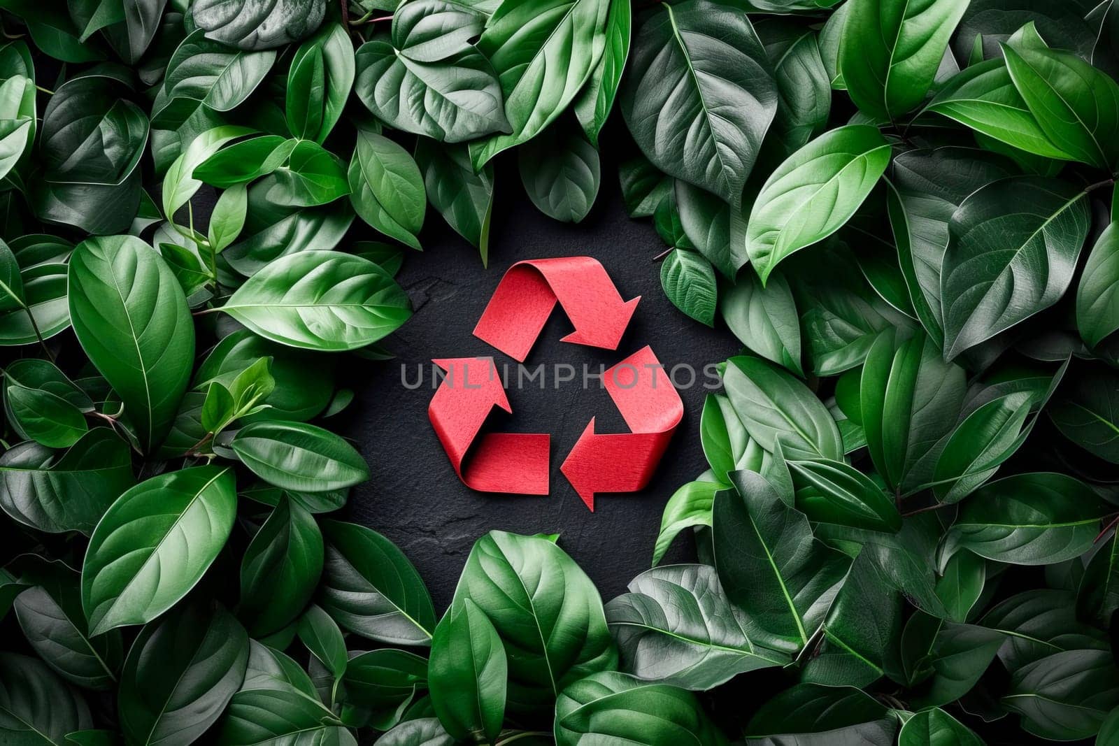 Recycling symbol among fresh green leaves. Environmental protection concept.