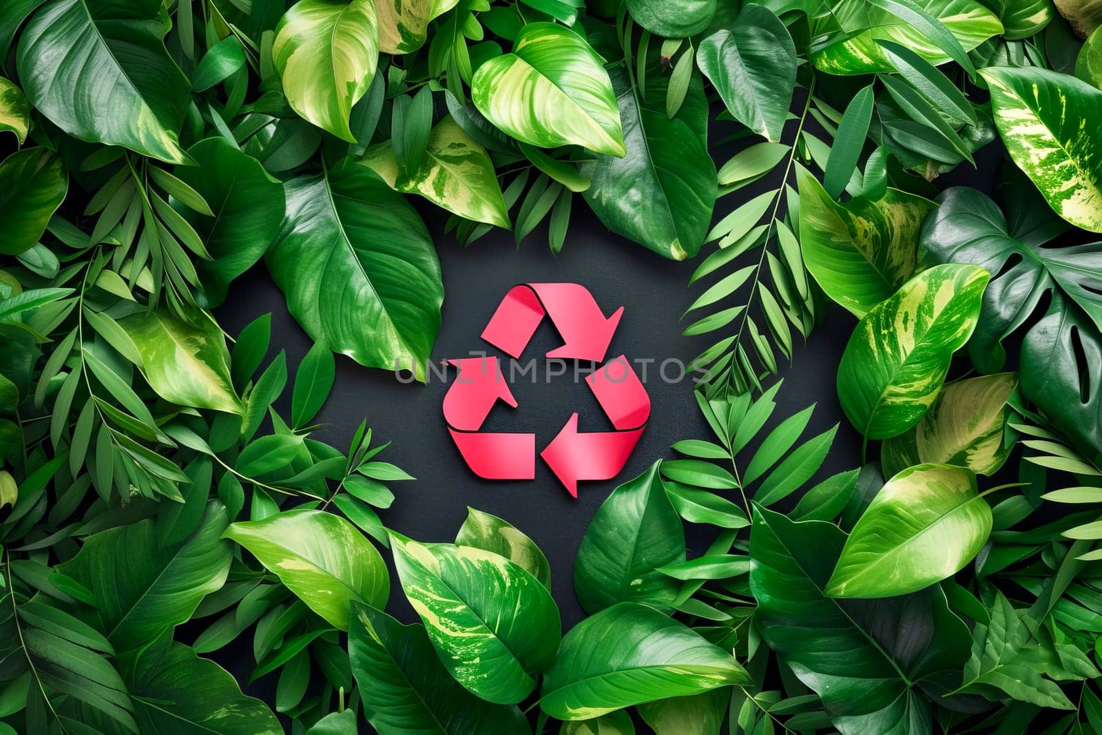 Recycling symbol among fresh green leaves. Environmental protection concept.