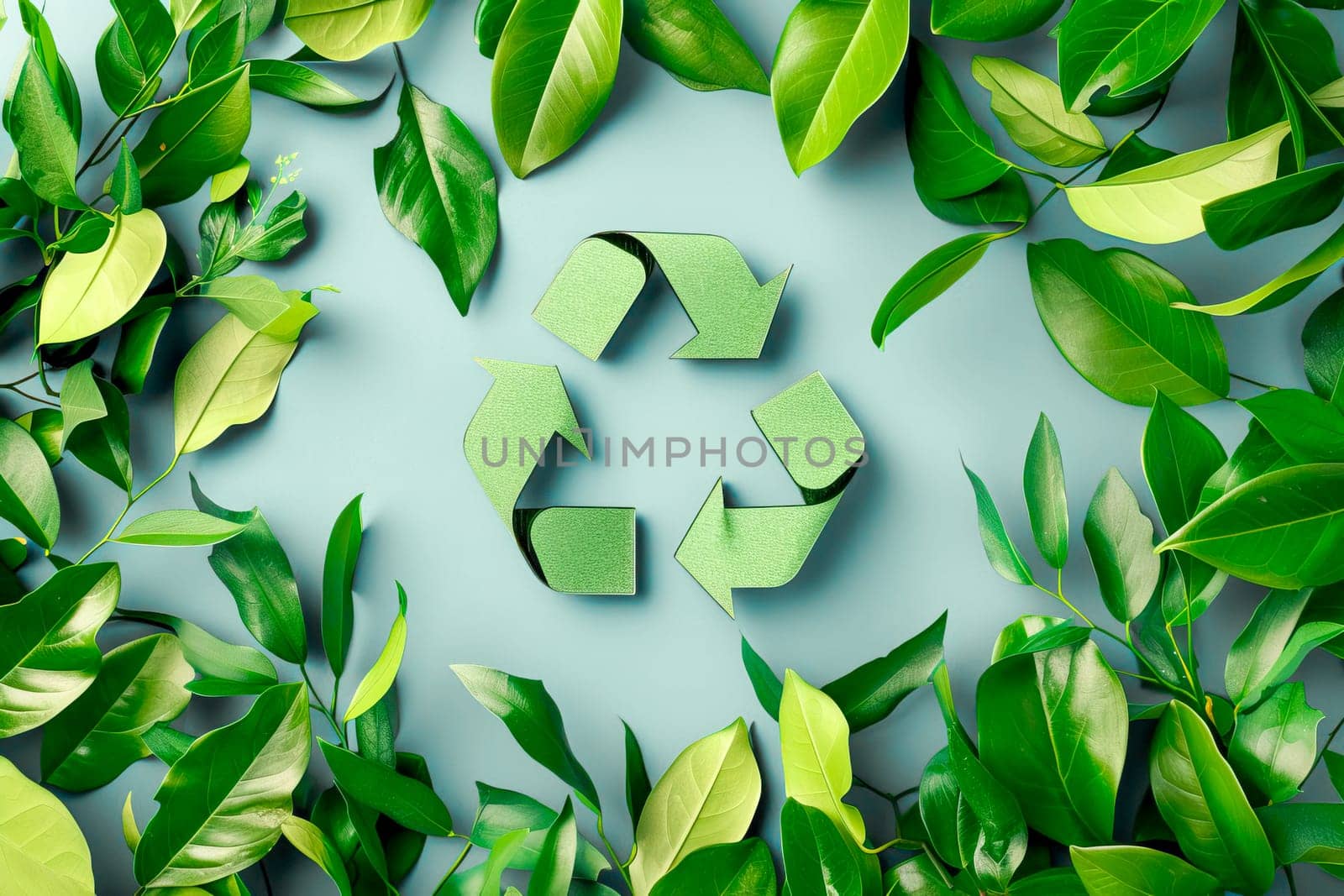 Recycling symbol among fresh green leaves. Environmental protection concept.