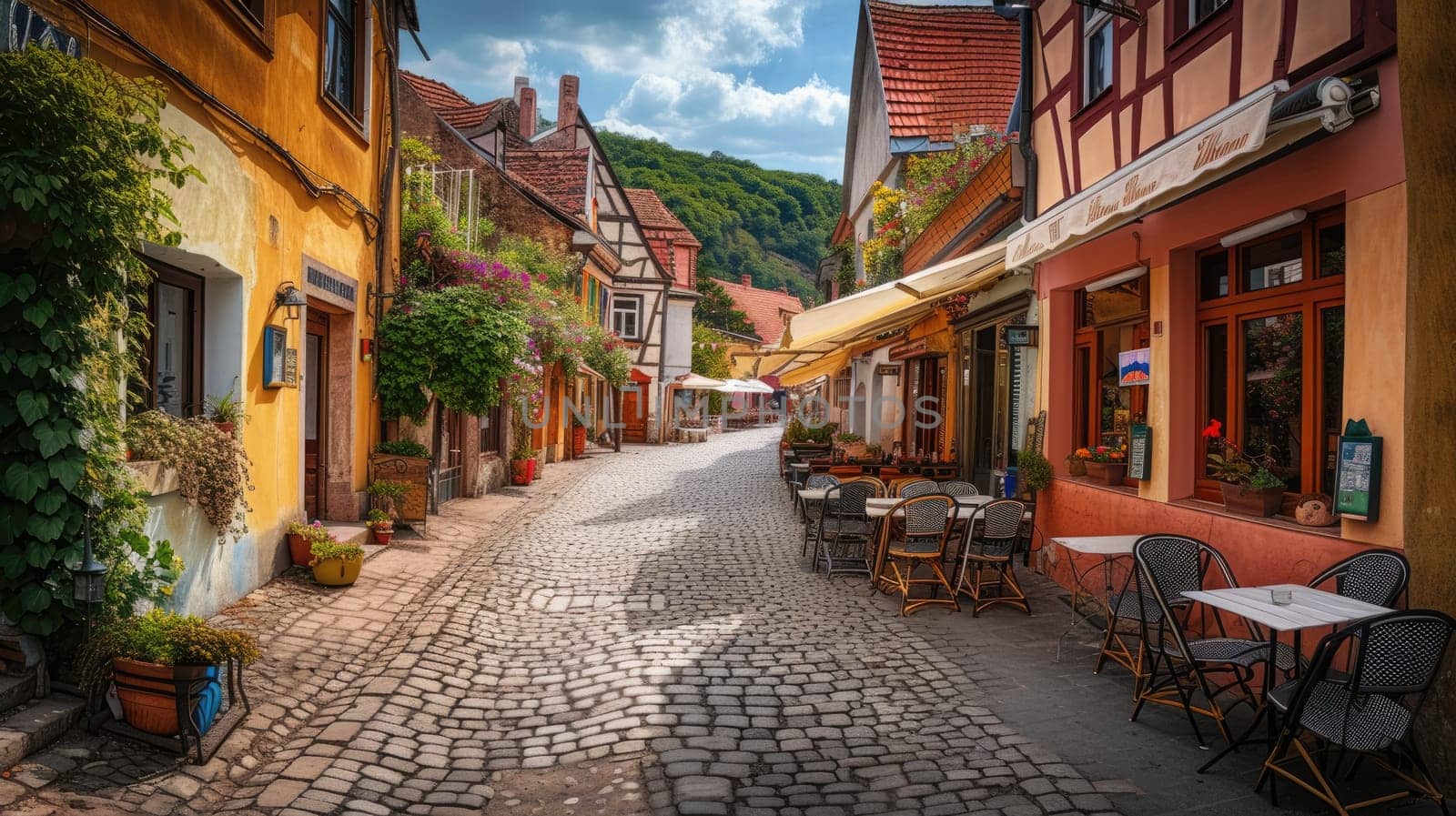 Quaint European street with colorful facades and cobblestones. A picturesque cobblestone street lined with colorful buildings and outdoor cafes in a quaint European town. Resplendent.