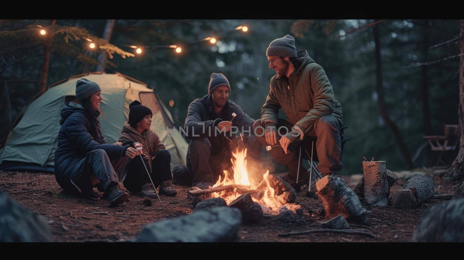A group of people are sitting around a campfire in the woods AIG41 by biancoblue