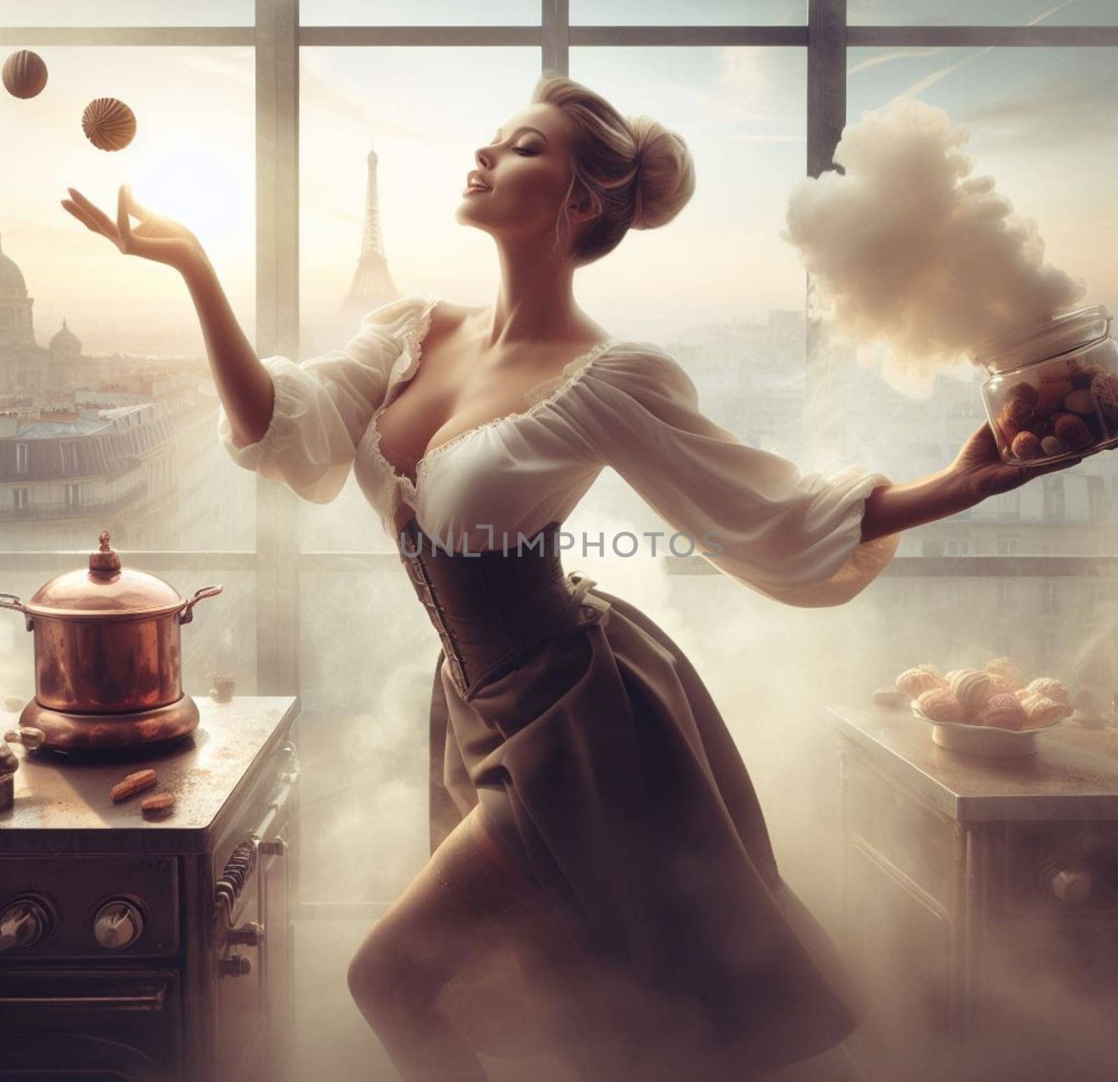 glamourous chef in steampunk kitchen with windiwn natural light cooking posing dancing singing illustration generative ai art