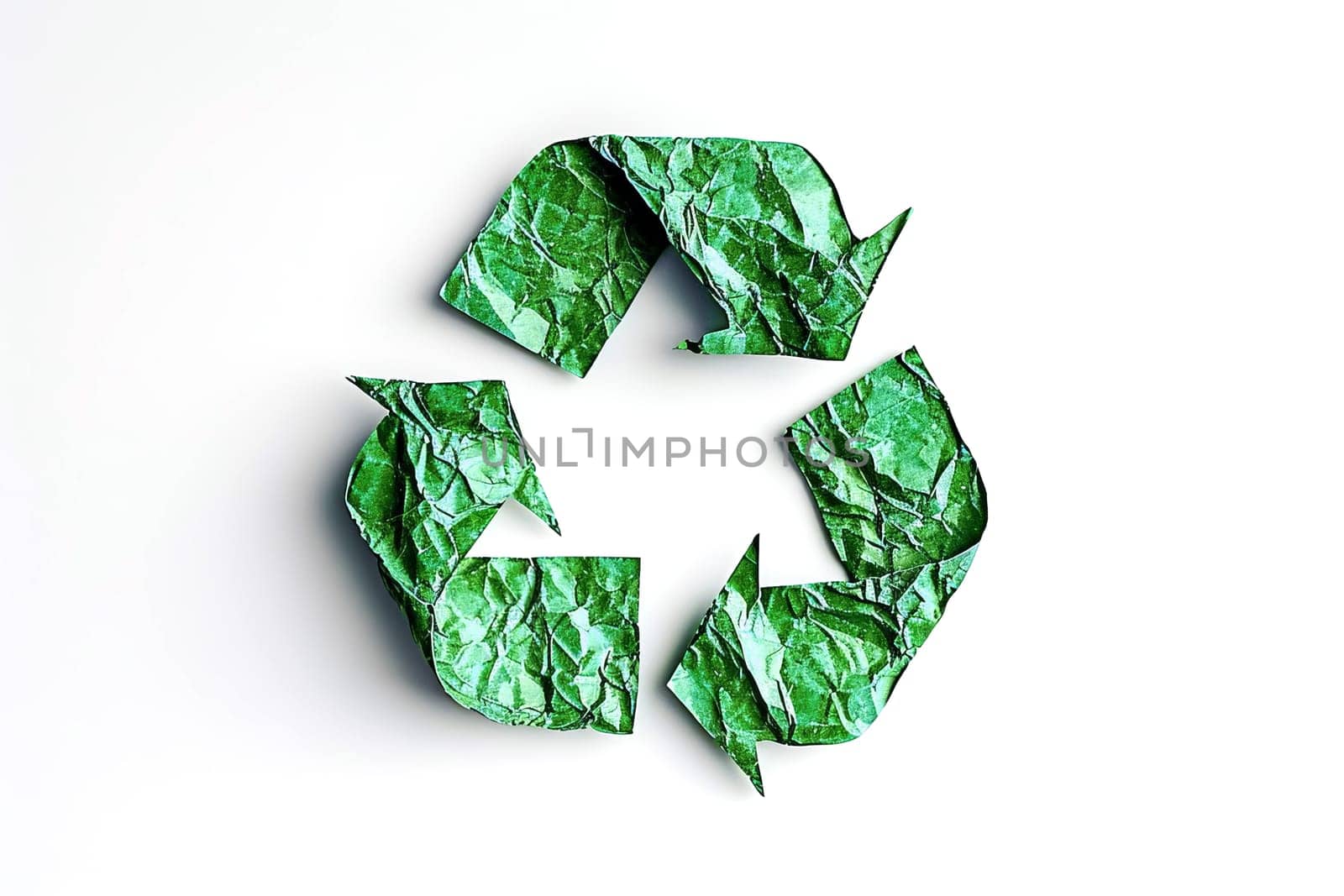 Recycling symbol made of crumpled green paper on a white background. Environmental protection concept.