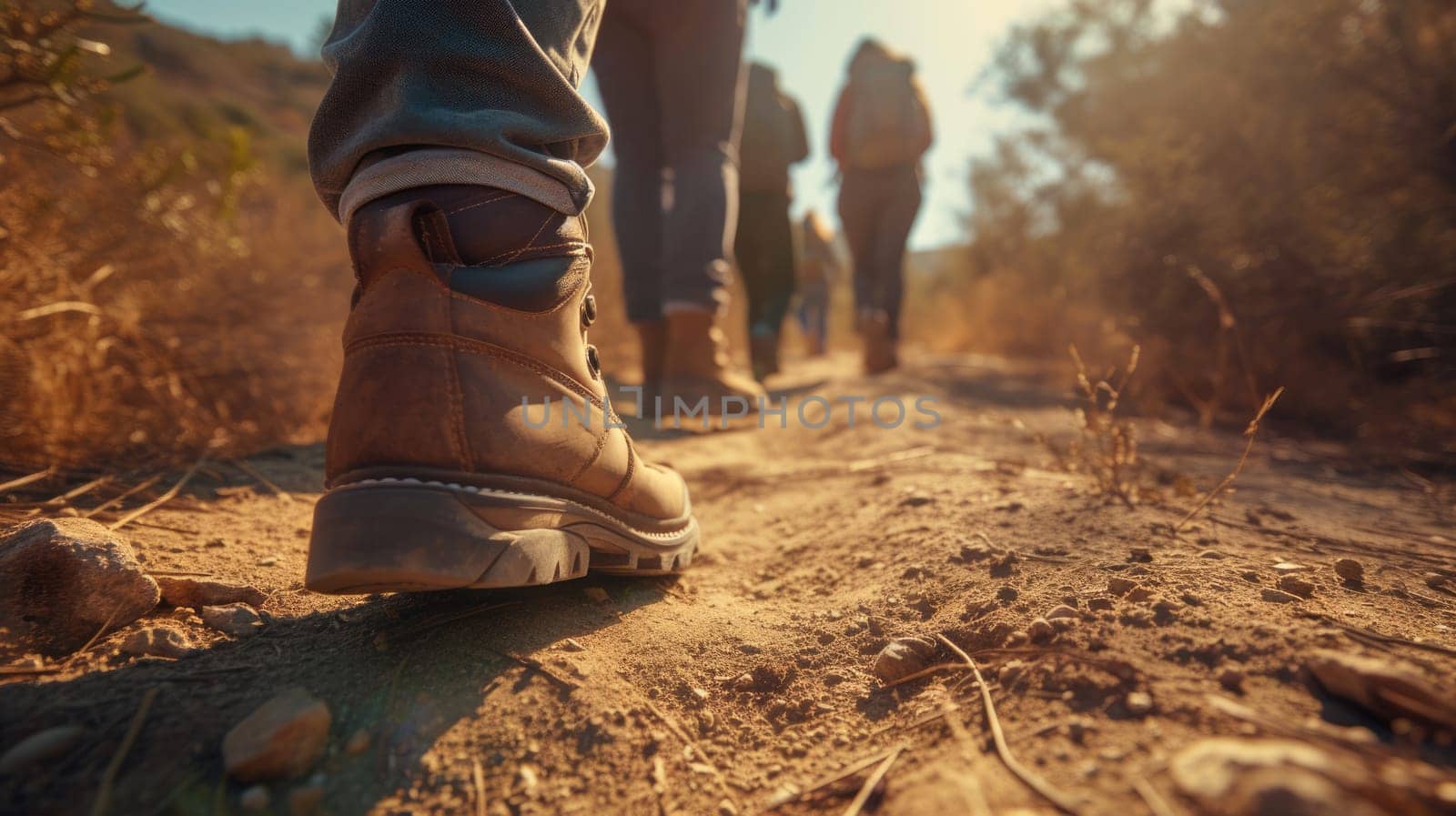 A person wearing hiking boots is walking down a path in the woods AIG41 by biancoblue