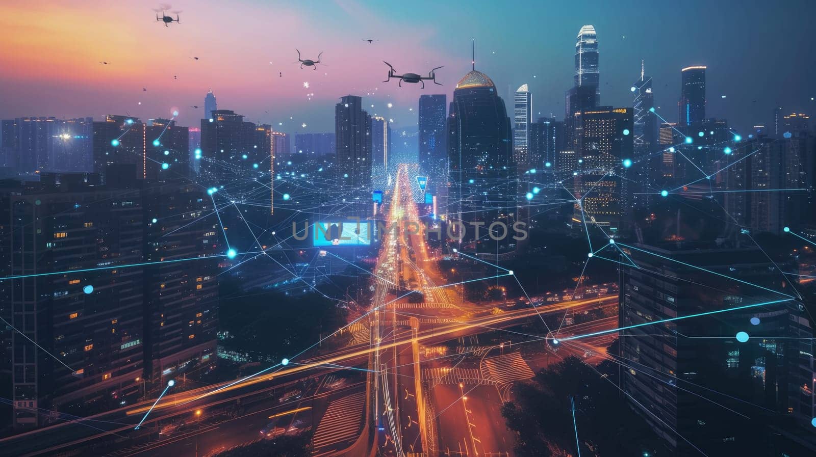 Smart city with connecting network and internet of things digital graphics over the skyline AIG41