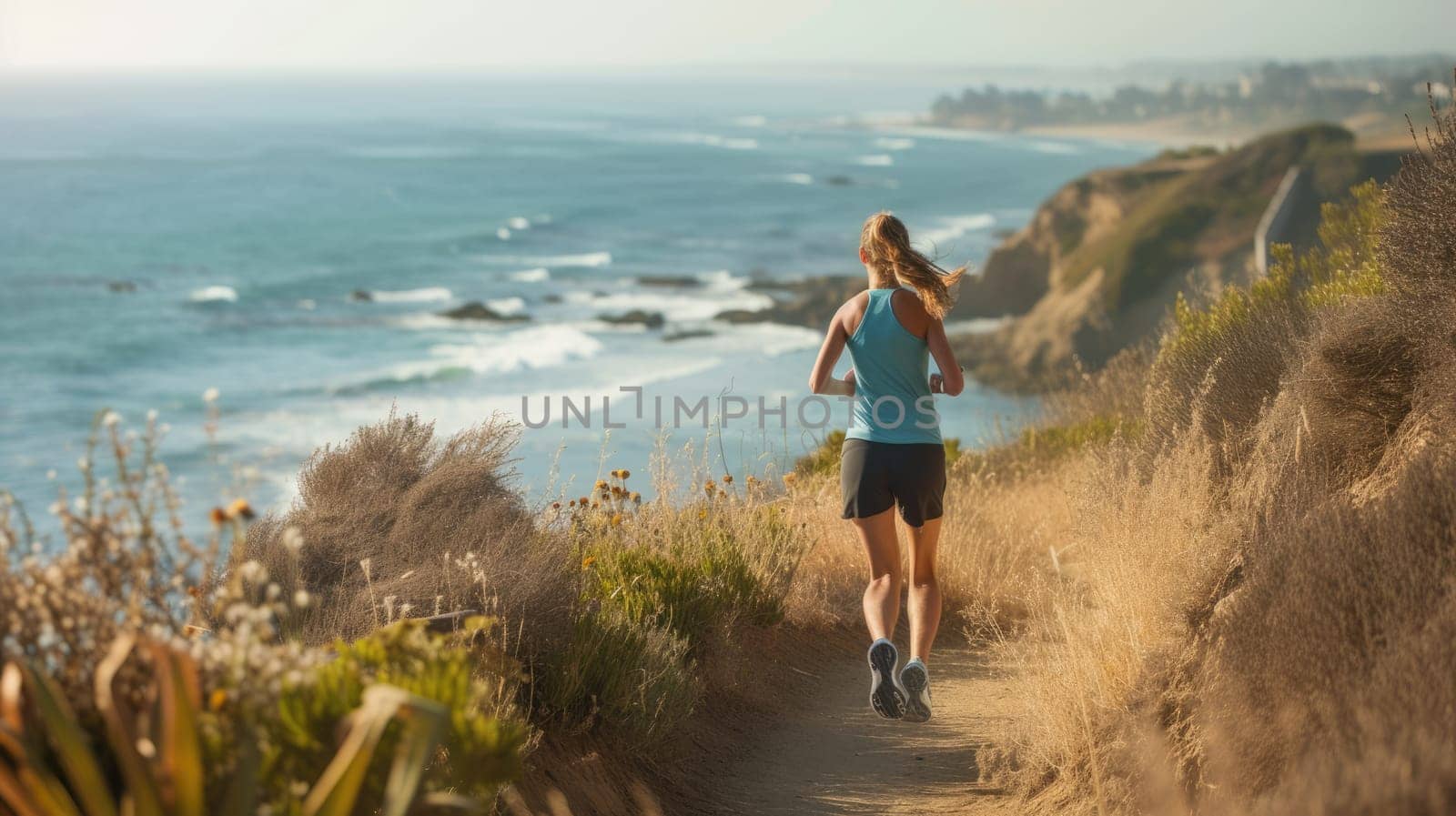 A woman enjoys leisurely running along a coastal path, surrounded by the natural landscape of ocean, sky, plants, beach, and grass. AIG41