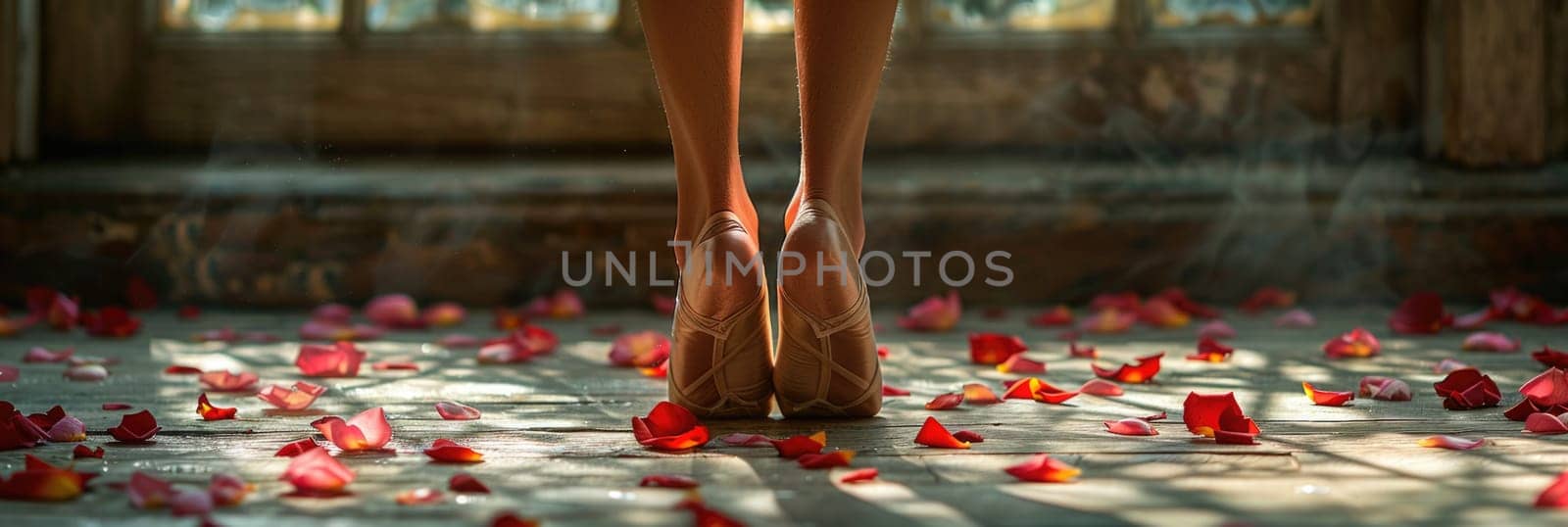 A womans legs in high heels standing amidst a scattering of rose petals.