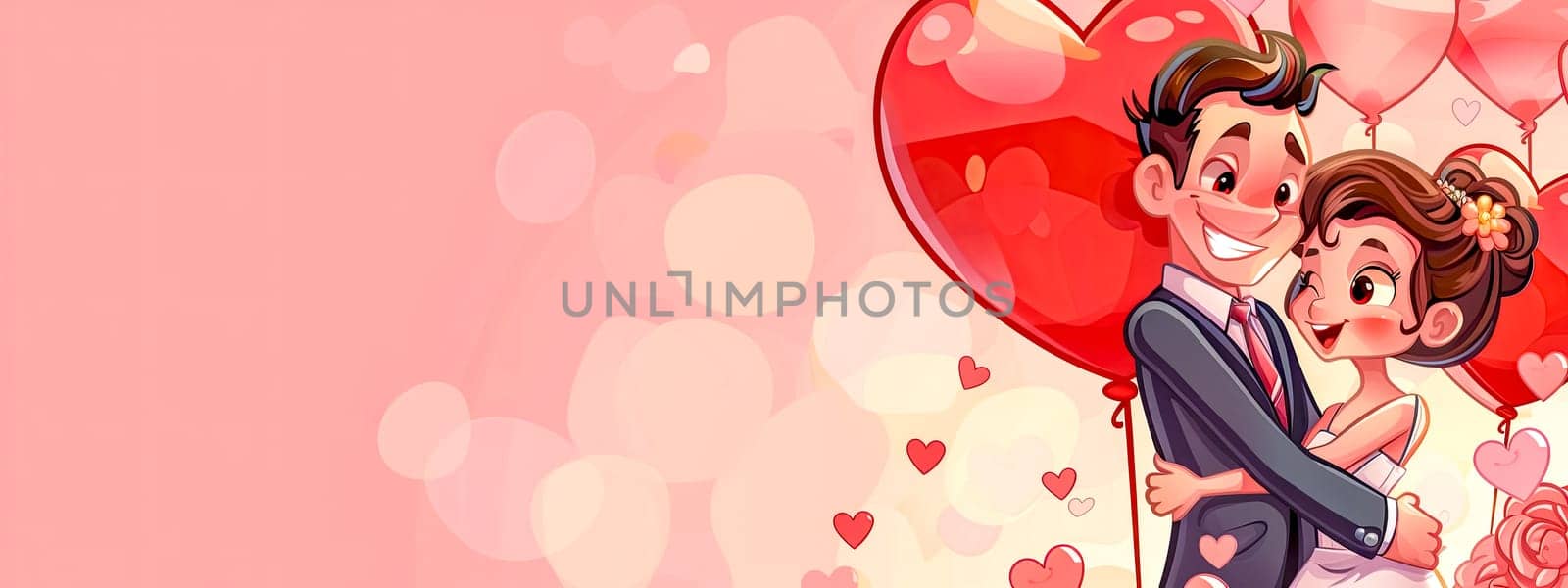 Loving Couple Embrace with Heart Balloons on Pink Background, copy space