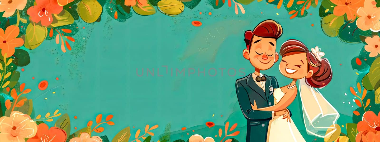 Wedding Couple Embracing Surrounded by Flowers Illustration, copy space