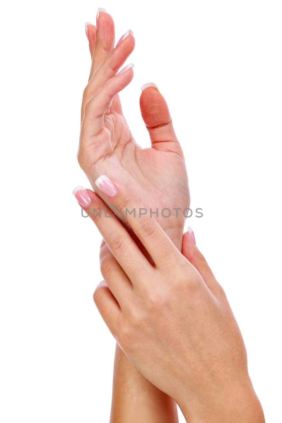 Closeup shot of woman's hands with french manicure and clean and soft skin, isolated

