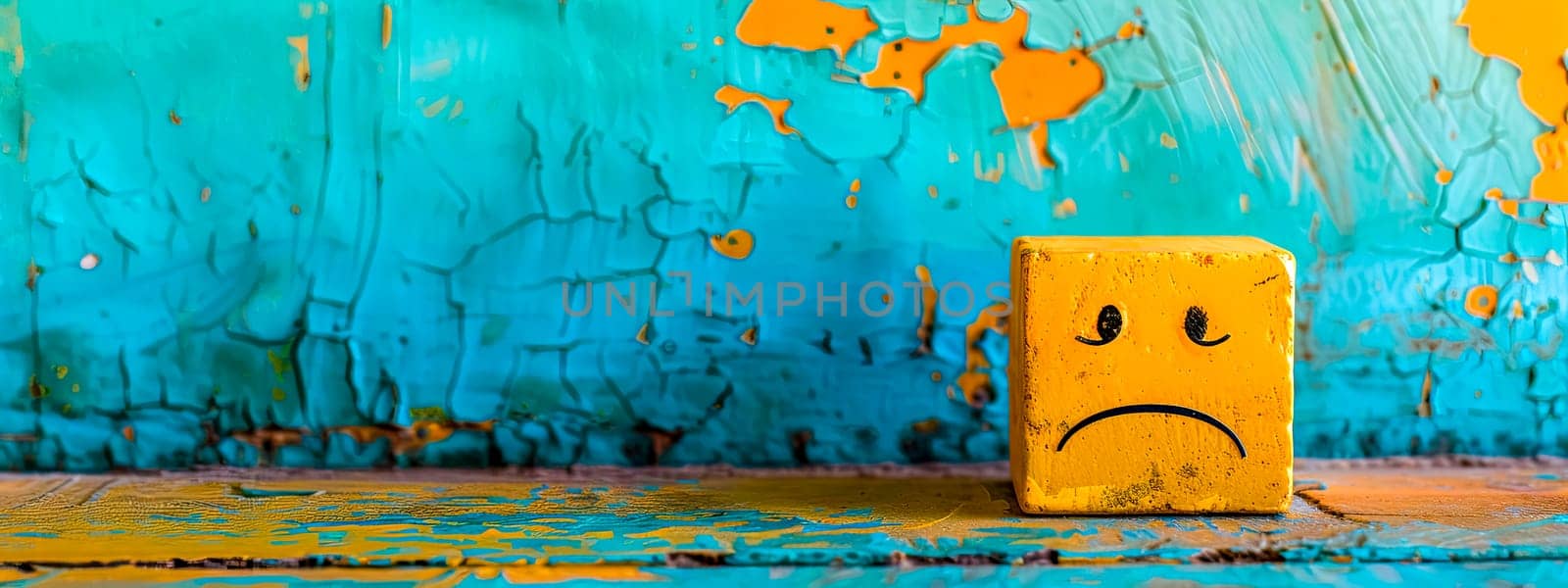 Sad Yellow Emoji Cube on Cracked Turquoise Paint Background, copy space