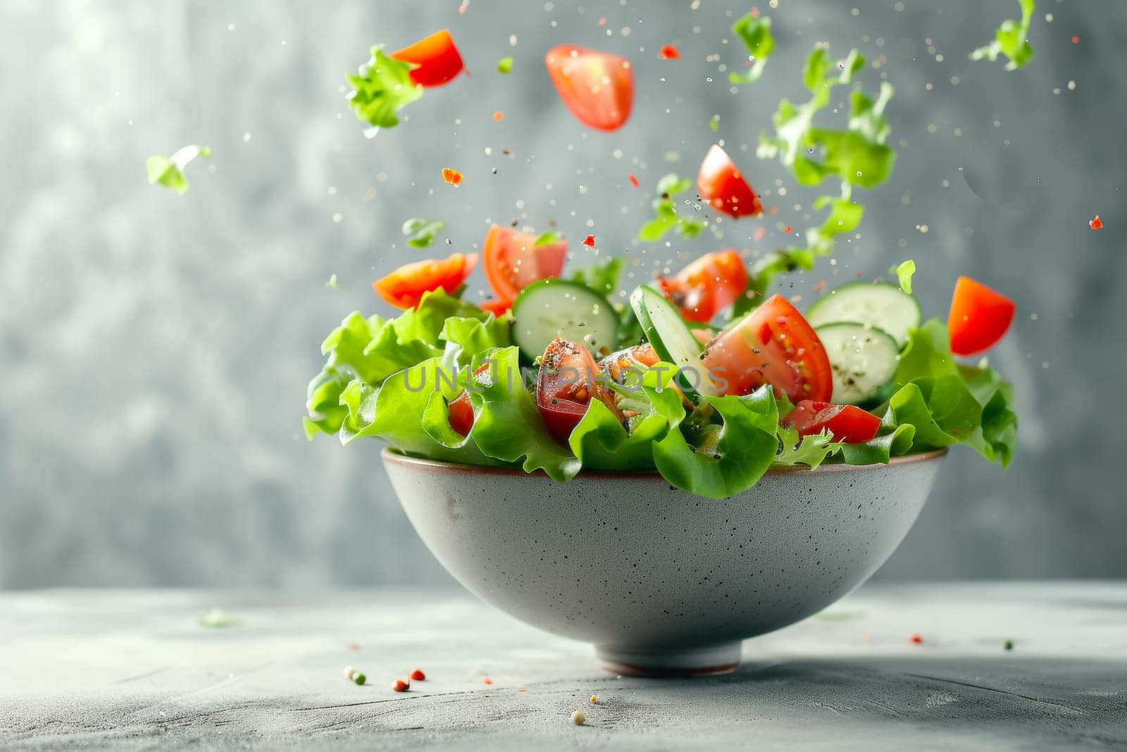 A white bowl filled with fresh lettuce leaves and ripe red tomatoes against a neutral gray background.