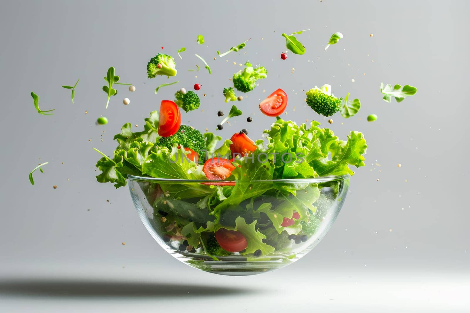 The photo shows a glass bowl filled with fresh lettuce and juicy tomatoes, ready to be used as ingredients for a delicious meal.