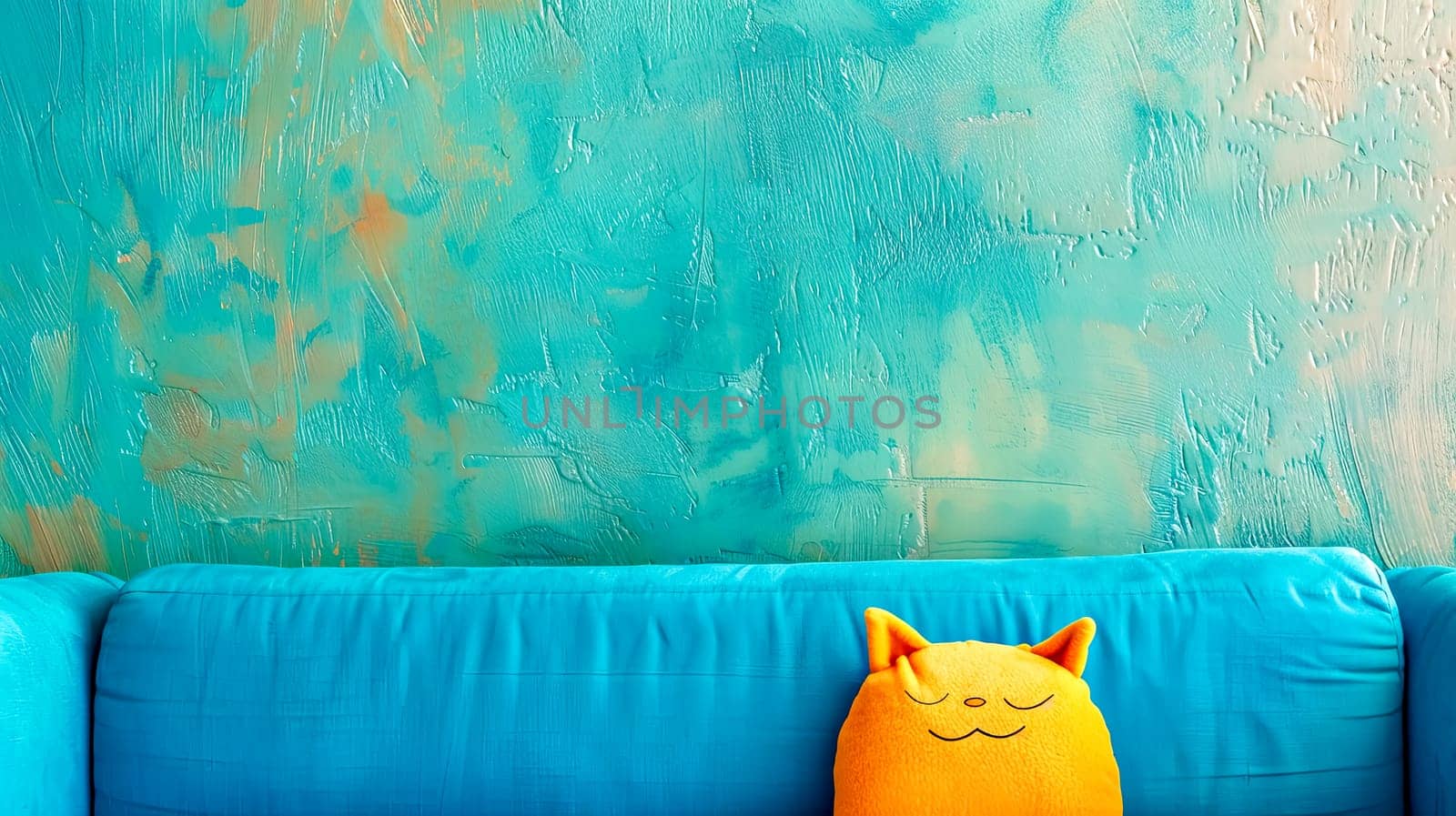 Smiling Cat Cushion on Turquoise Sofa with Textured Wall, copy space