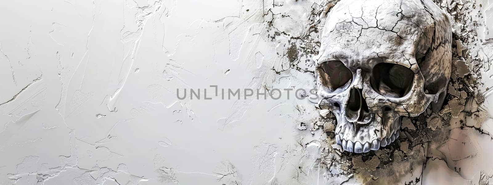 Cracked Skull Artwork on Textured White Background, copy space