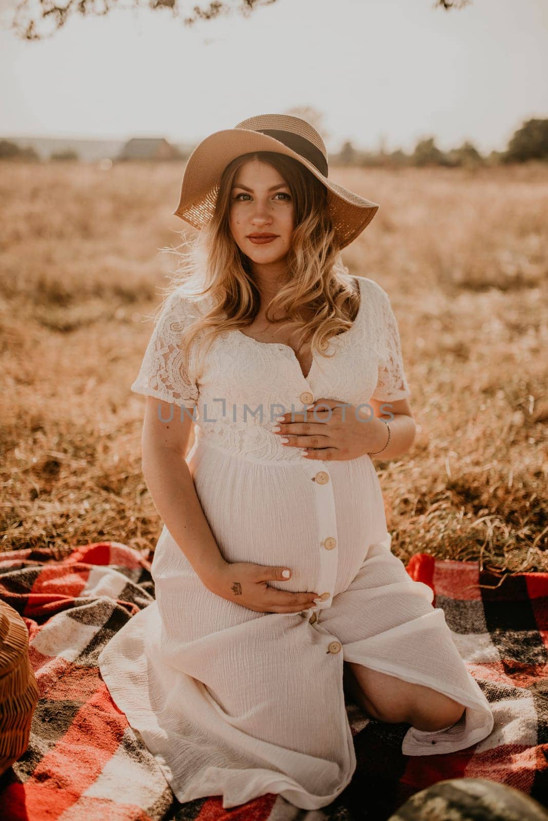 happy European caucasian pregnant woman relaxing in nature picnic looking at camera. expectant mother in hat and dress hold hand on belly. face with moles