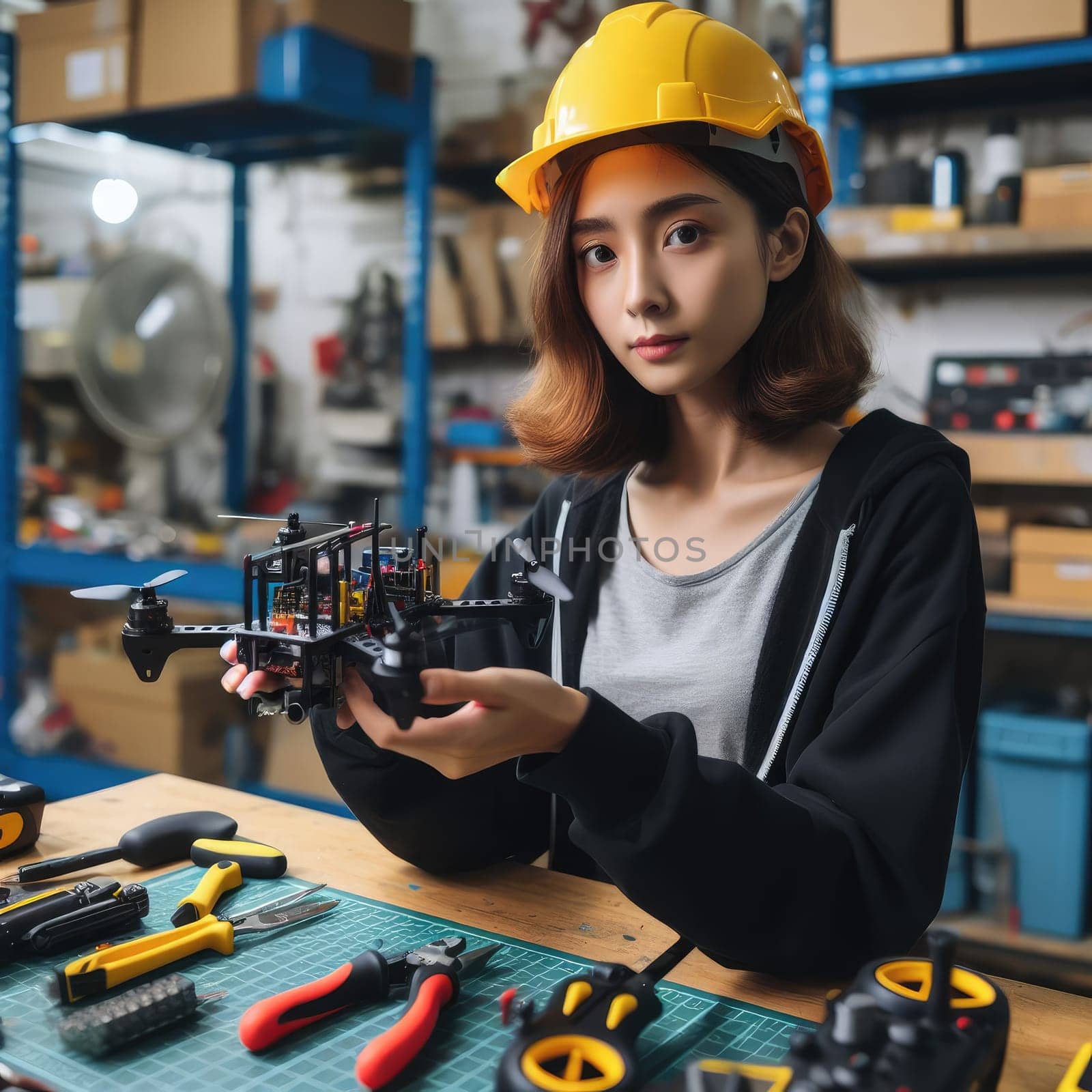 photo of Engineer working on racing fpv drone combat kamikaze bomber in workshop. birds eye view