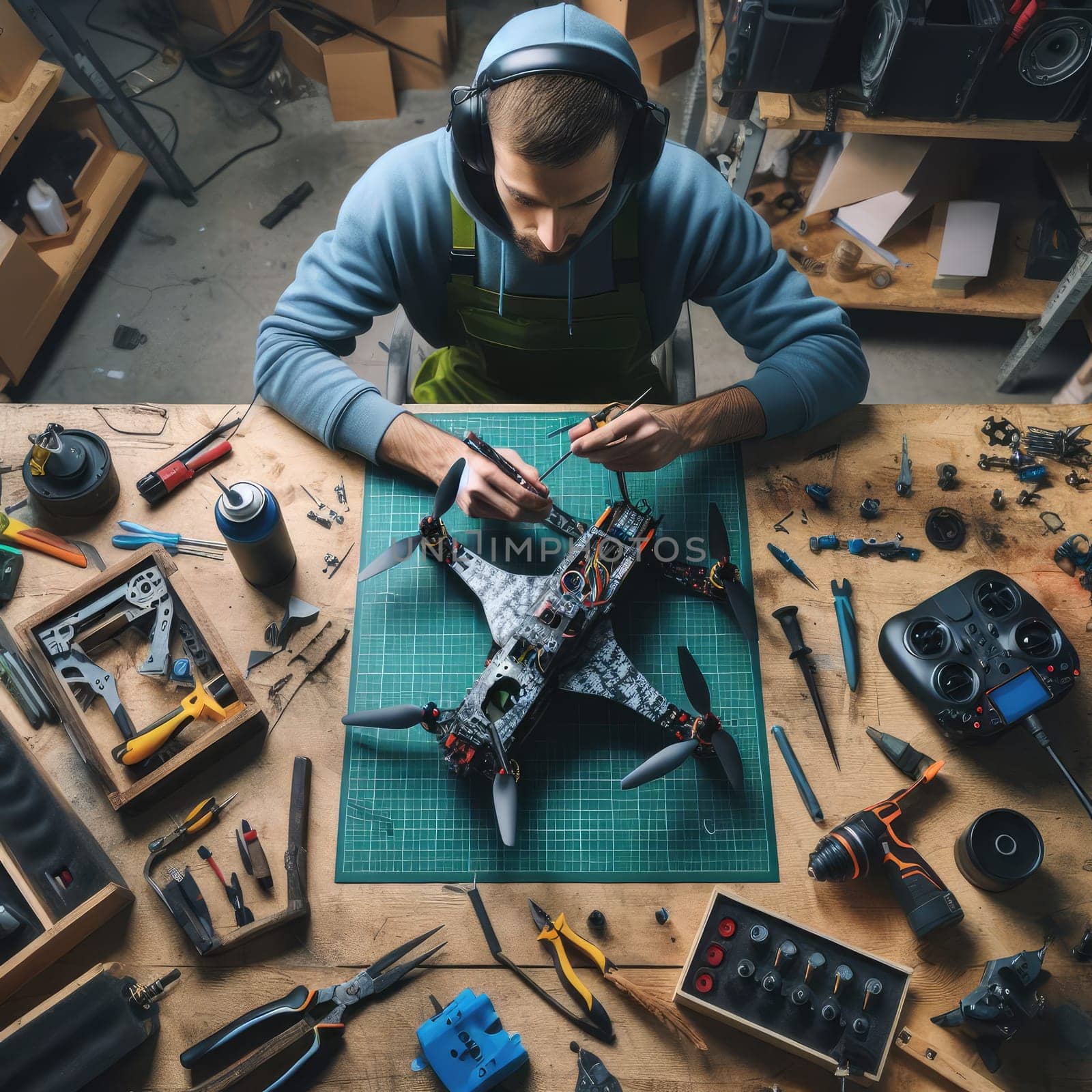 photo of Engineer working on racing fpv drone combat kamikaze bomber in workshop. birds eye view