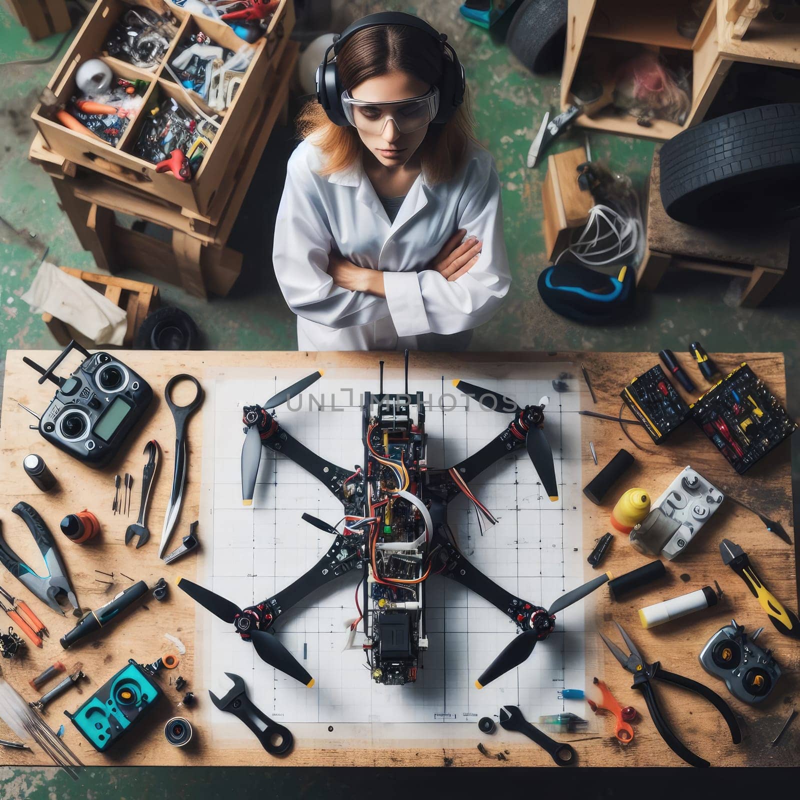 photo of Engineer working on racing fpv drone combat kamikaze bomber in workshop. birds eye view