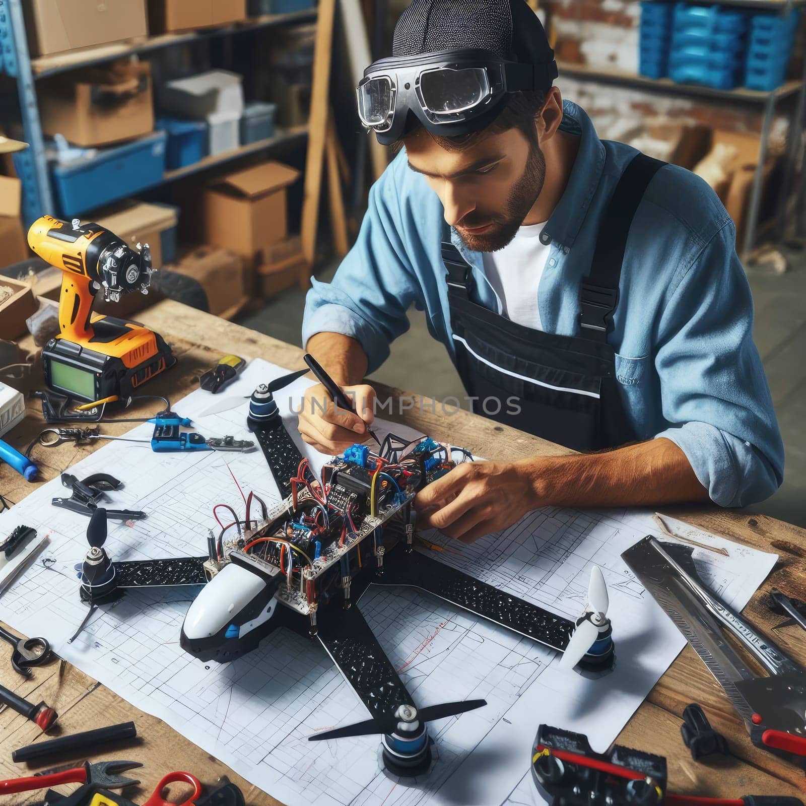 photo of Engineer working on racing fpv drone combat kamikaze bomber in workshop. birds eye view