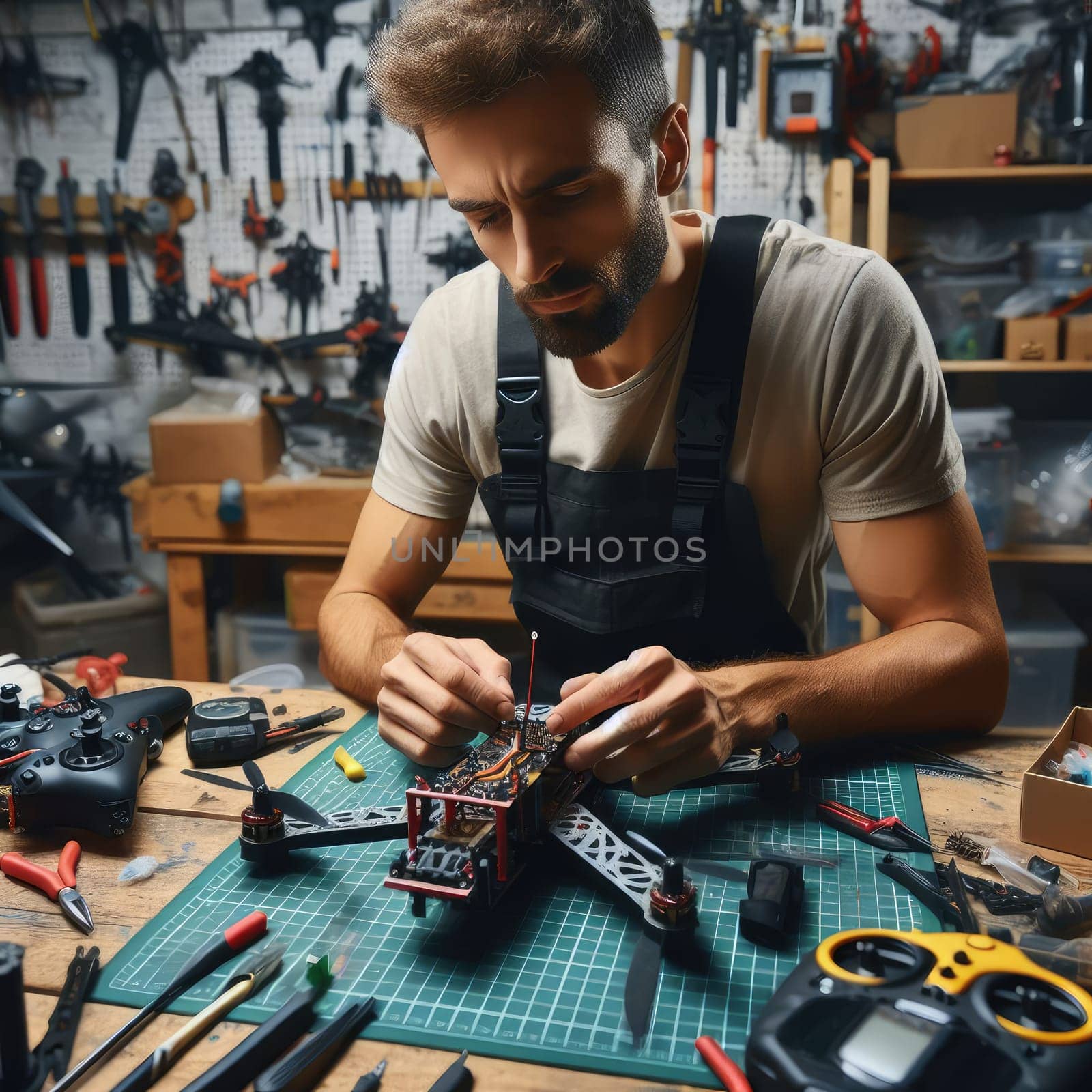 photo of Engineer working on racing fpv drone combat kamikaze bomber in workshop. birds eye view