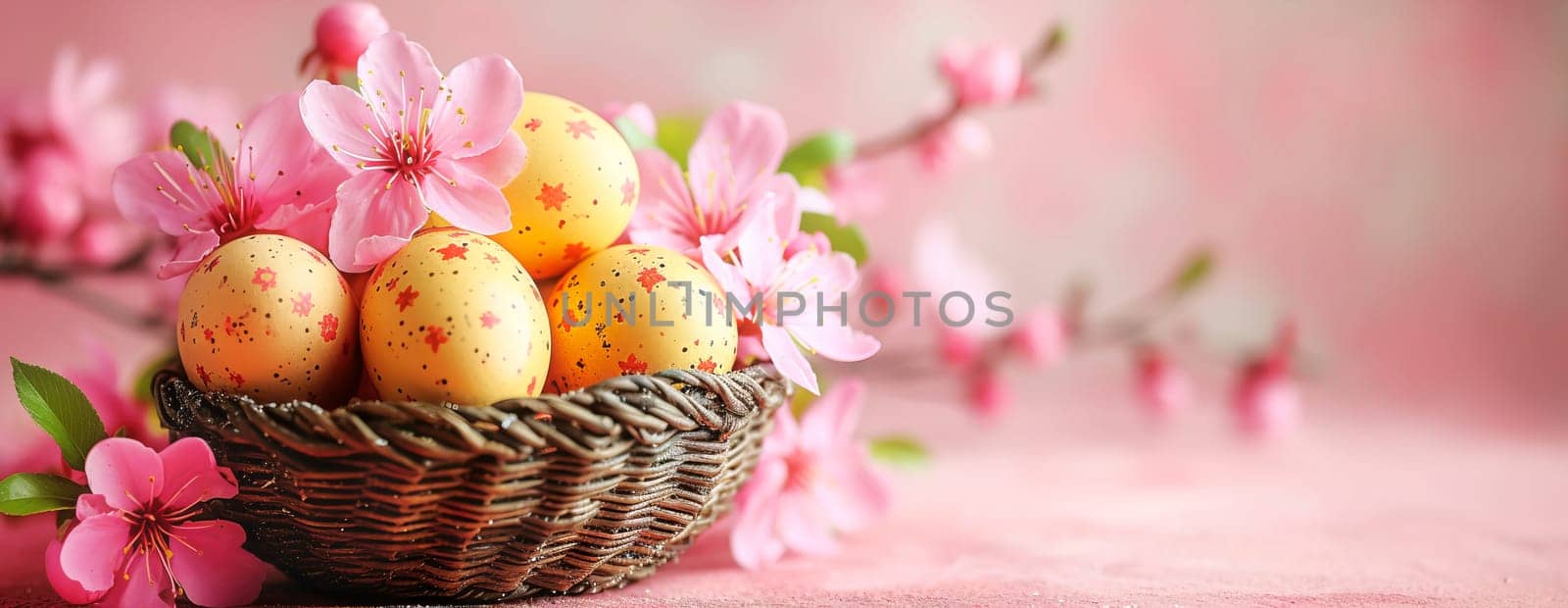 Easter holiday celebration banner greeting card banner with easter eggs and flowers on a pink background.