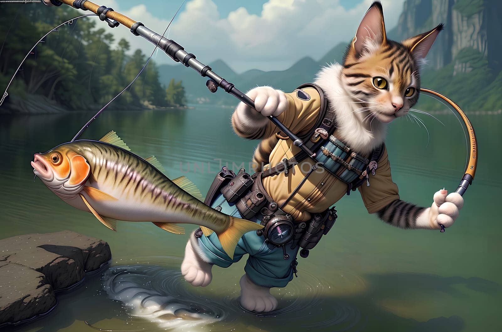 The cat is fishing on a beautiful big lake. by Rawlik