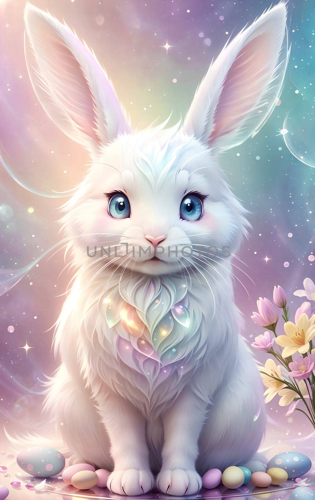 White bunny with Easter eggs on an abstract background.. AI generated image.