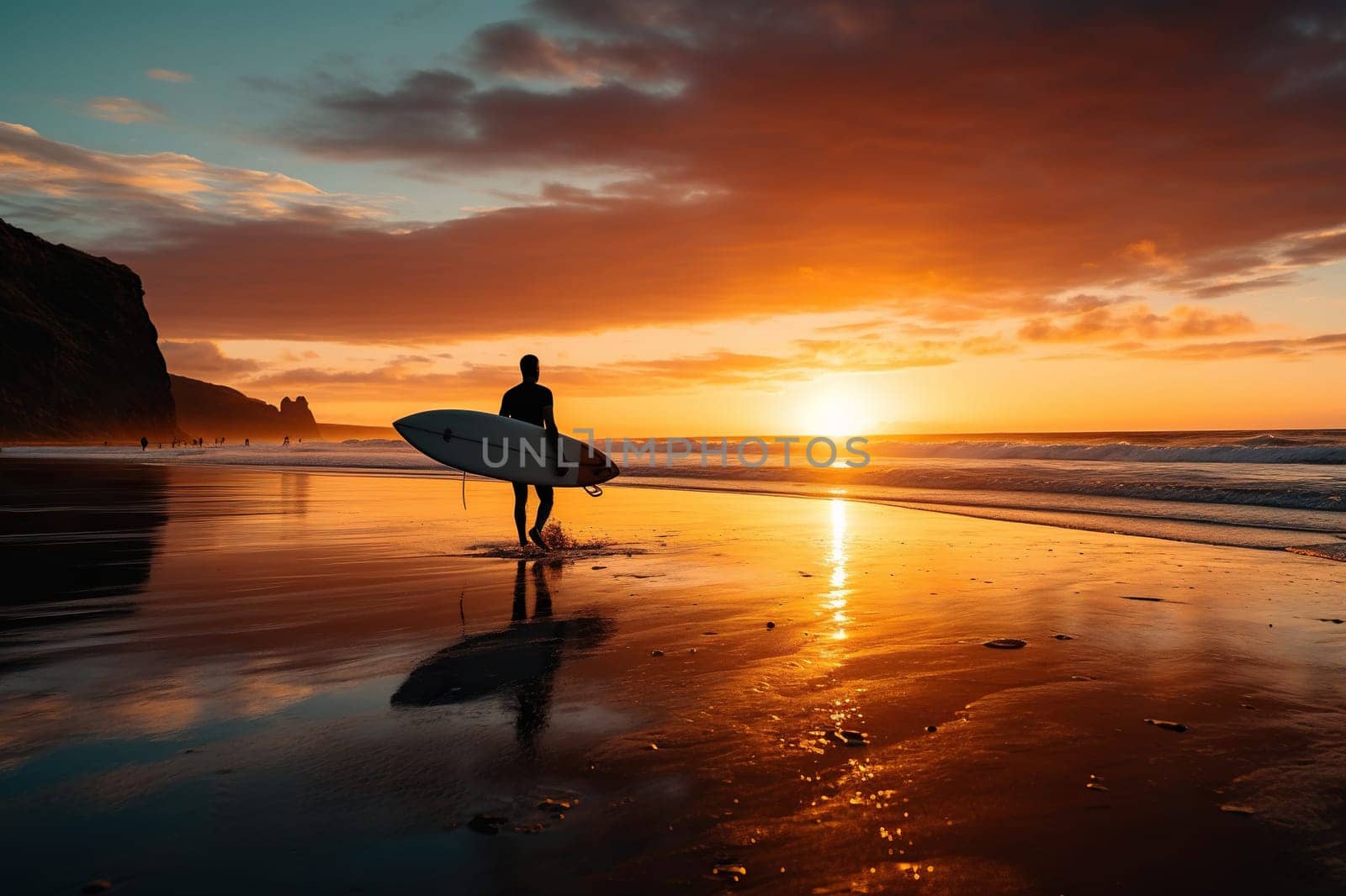 Silhouette of a man with a surfboard at sunset. Generated by artificial intelligence by Vovmar