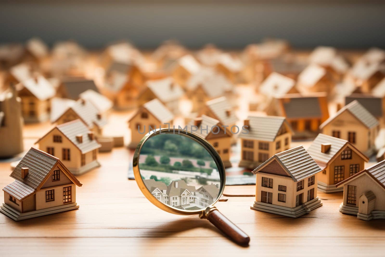 Small house under a magnifying glass. The concept of searching for housing and apartments.