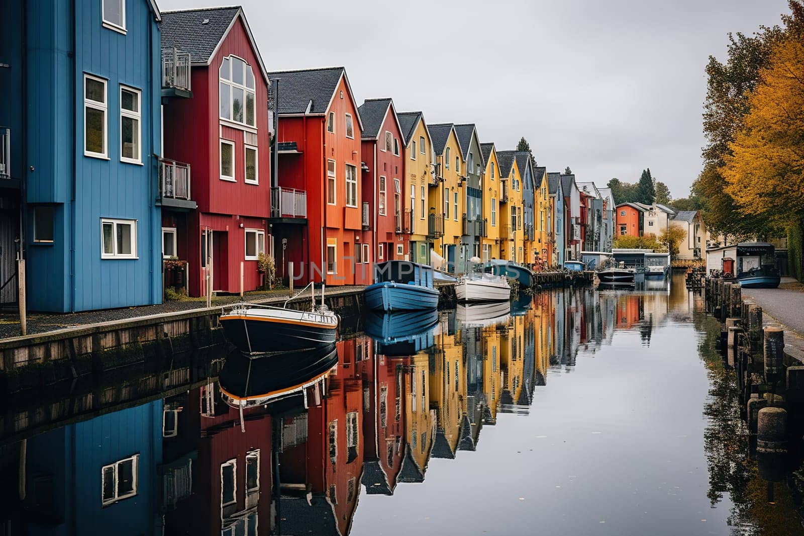 Street with colorful houses in Scandinavian style. Bright houses are reflected in the river.