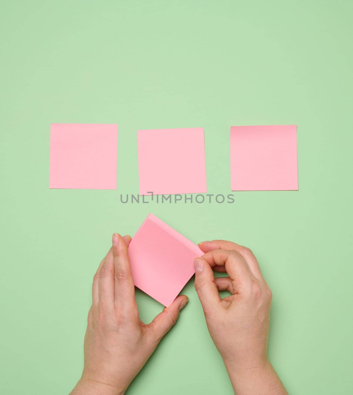 Pasted pink blank square paper stickers on green background