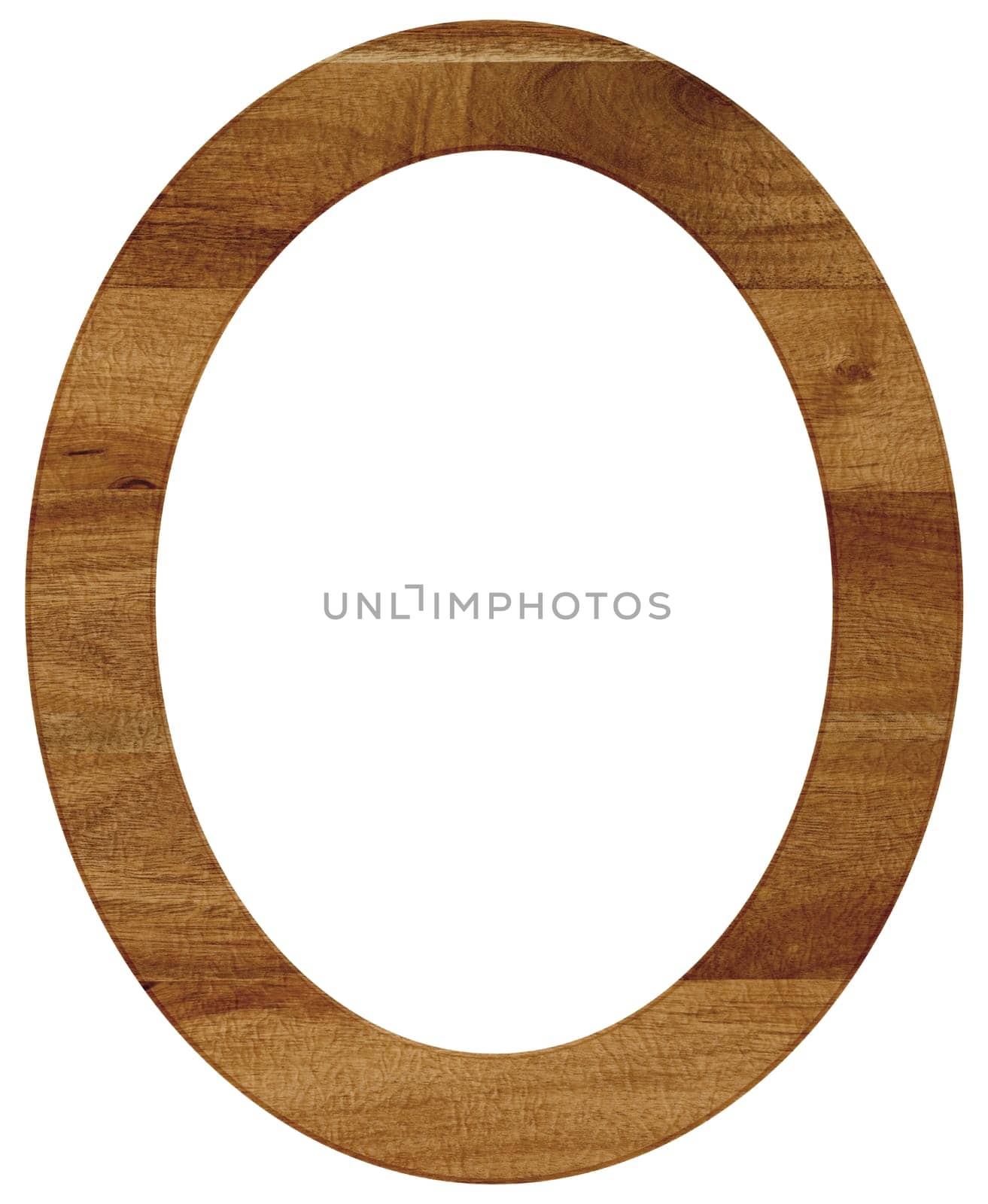 Empty oval wooden frame for paintings and photos on isolated background.	