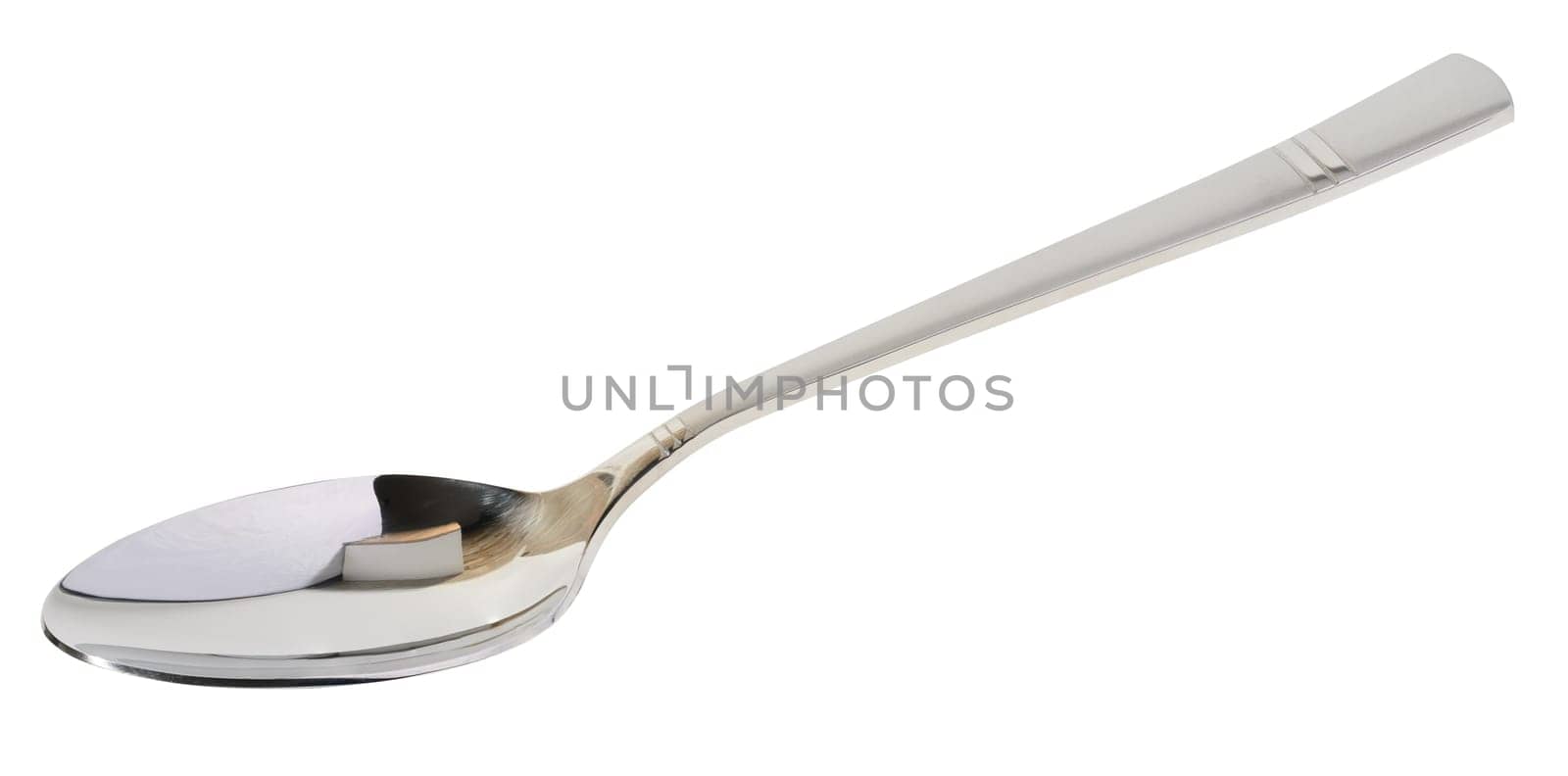 New steel dinner spoon on isolated background, top view