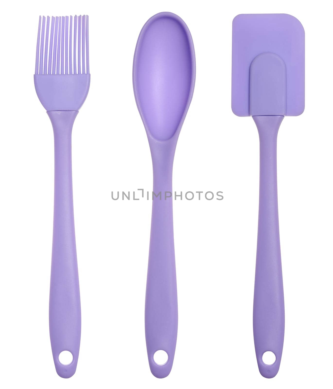 Silicone spoon, spatula and brush for eating on isolated background