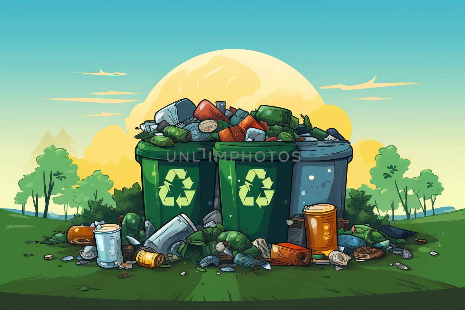 Illustration on the topic of proper waste sorting. Containers for various types of waste.